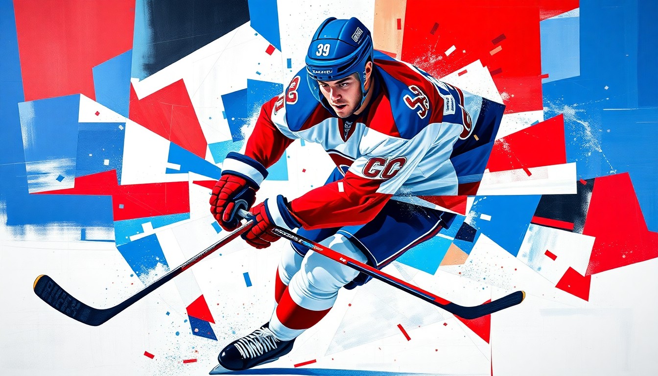 A cubist, geometric painting depicting the dynamic movements of a hockey player, with sharp planes of color and overlapping perspectives conveying the raw athleticism of the sport.