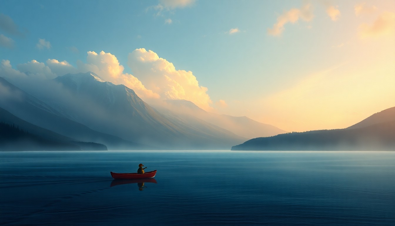 A sweeping, atmospheric landscape painting in muted blues, grays, and greens, capturing the vast, sublime scale of the natural world on a clear spring day in Boston. A lone duck boat glides across the calm waters of the Charles River, dwarfed by the expansive sky and shoreline.