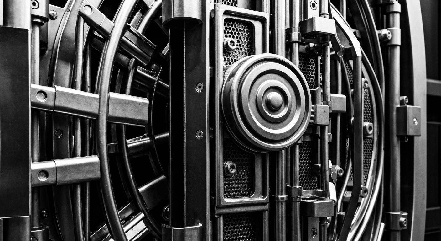 A high-contrast black and white close-up of a heavy, industrial financial mechanism, such as a bank vault door or a computer server rack, conveying a sense of power and security in the underlying infrastructure of the financial system.