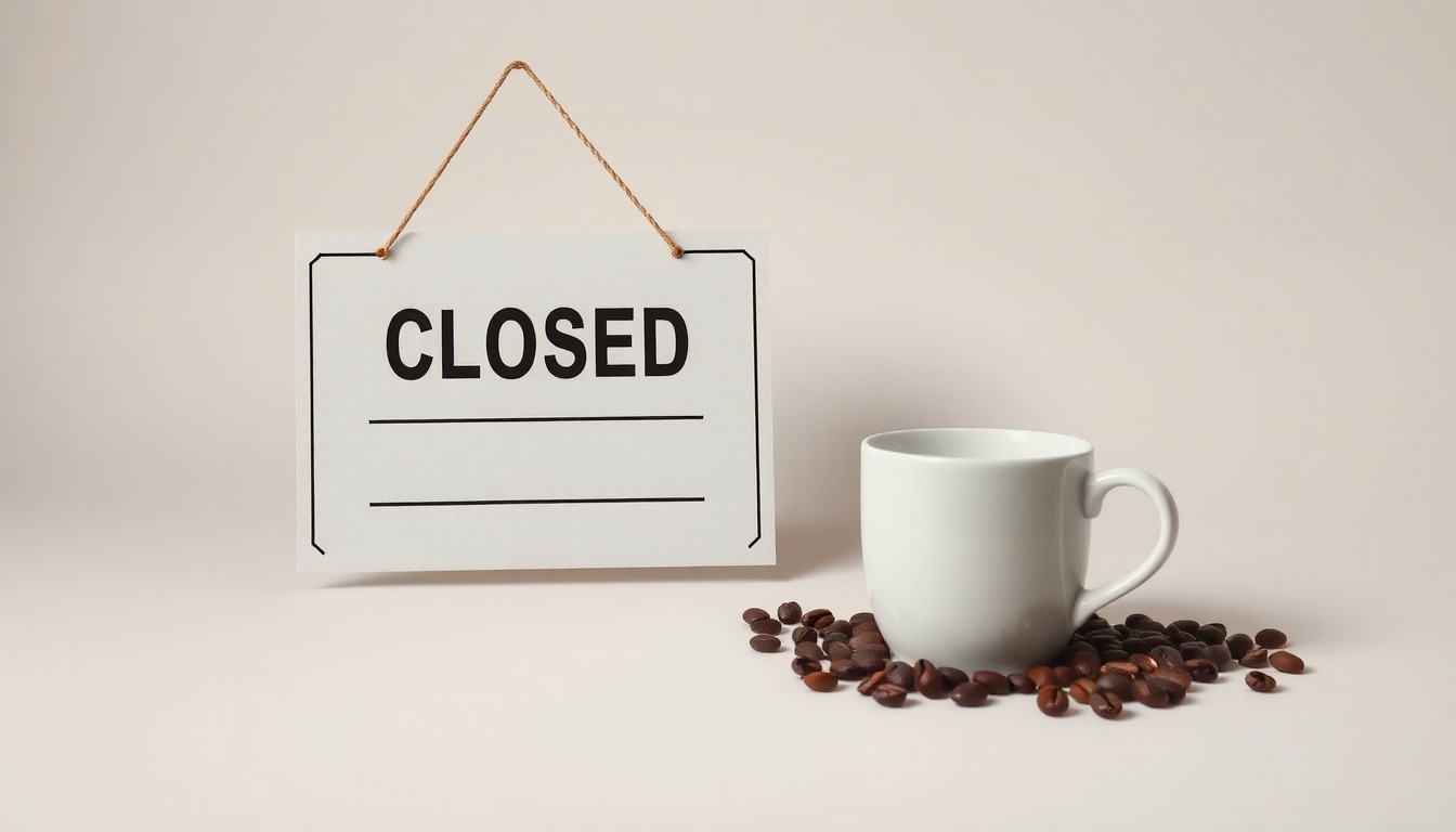 A photorealistic studio still life featuring a closed sign, a half-empty coffee cup, and scattered coffee beans on a clean, monochromatic background, conceptually representing the closure of a beloved local business.