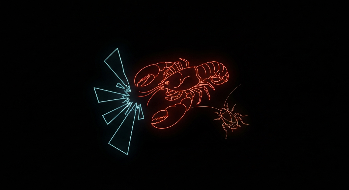 A minimalist illustration defined by vibrant neon lines against a dark background, depicting the silhouettes of a lobster, shattered glass, and a cockroach, conceptually representing the unsanitary issues found in some Phoenix restaurant kitchens during recent health inspections.