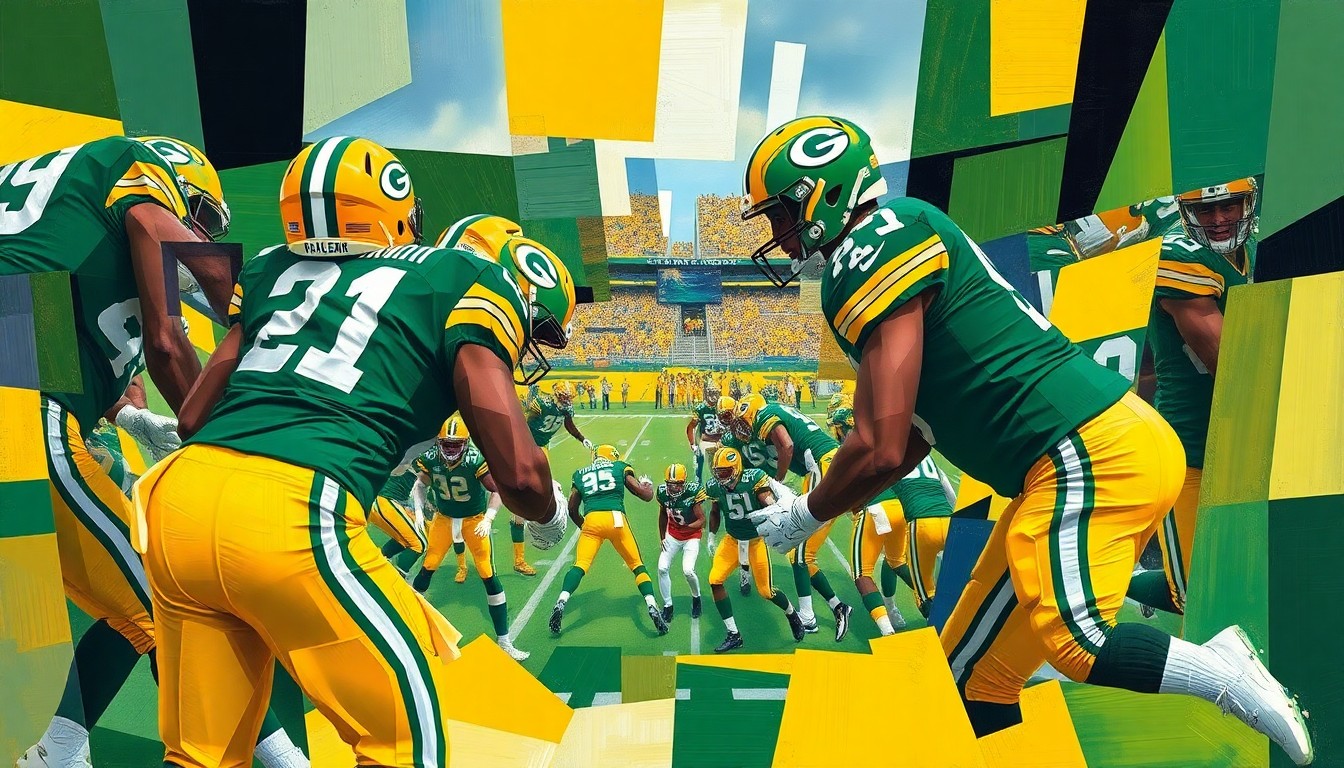 A cubist, geometric painting depicting fragmented and overlapping shapes in the Packers' green and gold colors, representing the team's evaluation of a defensive tackle prospect ahead of the NFL Draft.