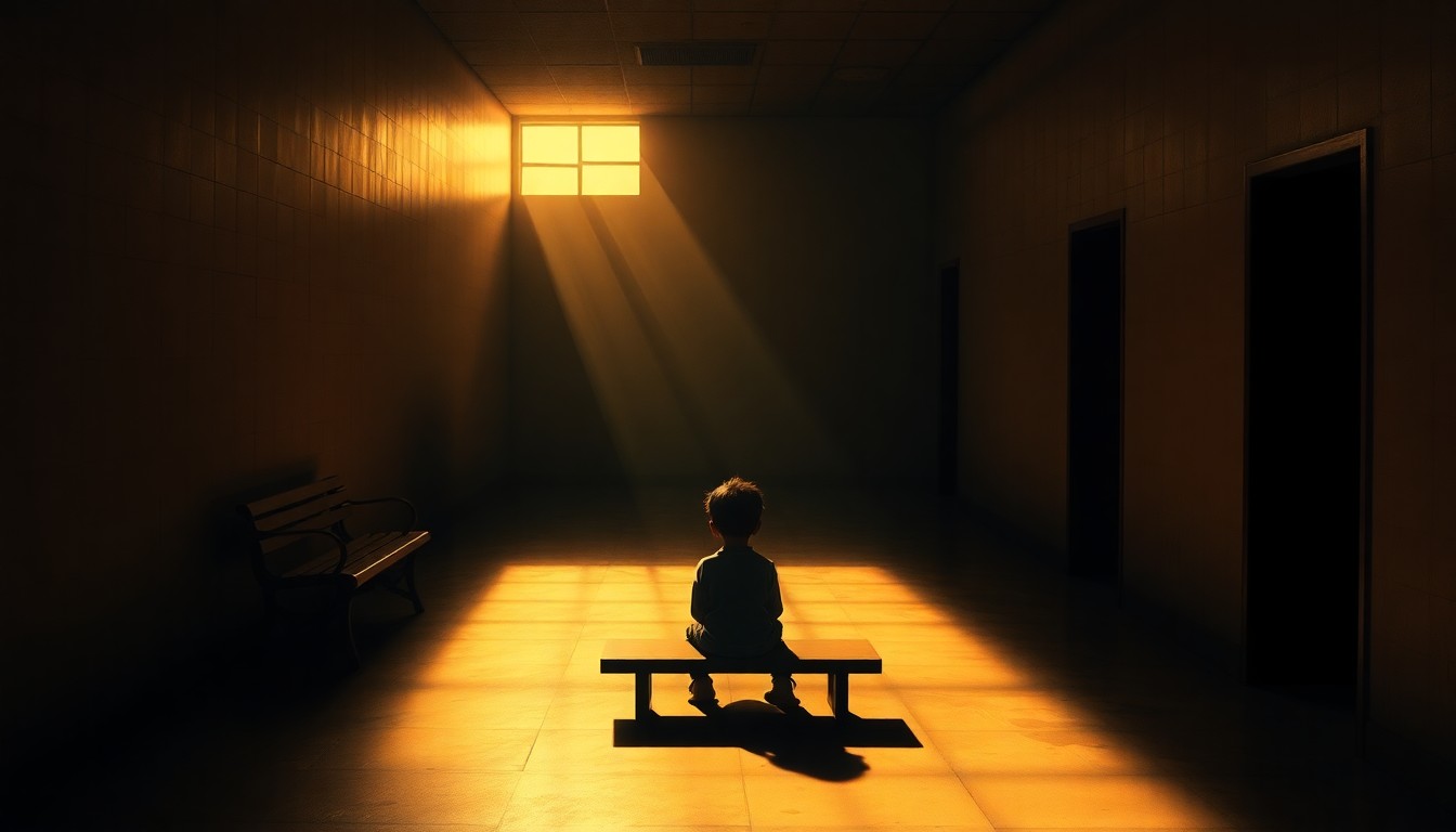 A cinematic painting of a solitary child sitting on a bench in an empty, dimly lit hallway, the figure bathed in warm, diagonal sunlight and deep shadows, conveying a sense of isolation and despair.