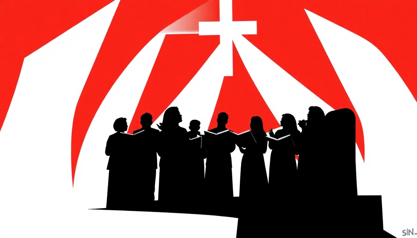 A minimalist, abstract illustration featuring stark black silhouettes of choir members against a vibrant red background, conceptually representing the uplifting Easter performance by the Washington D.C. Temple Choir.