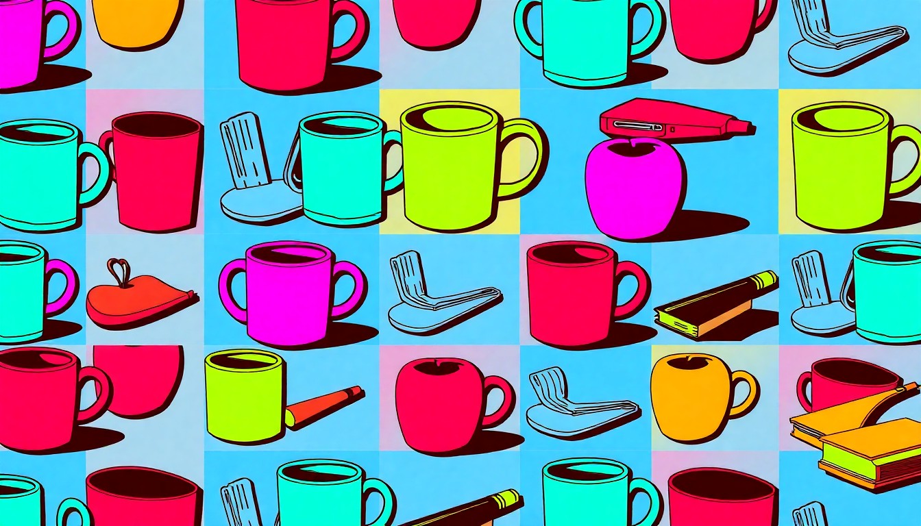 A vibrant, high-contrast silkscreen print featuring a repeated pattern of a teacher's coffee mug in neon pink, yellow, and blue, conceptually representing the district's investment in its top teaching talent.