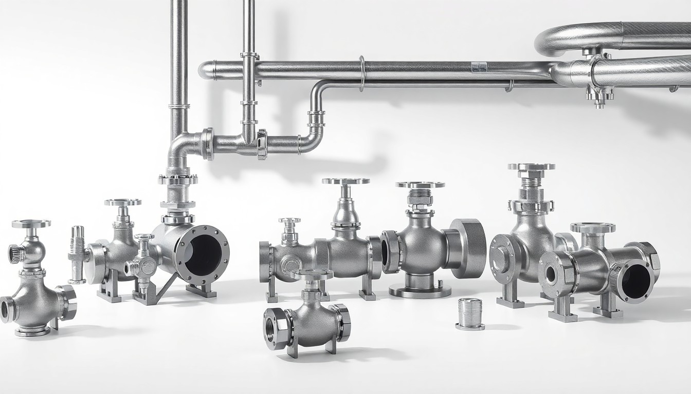A high-end, photorealistic studio still-life photograph featuring a collection of polished metal pipes, valves, and fittings in shades of silver and steel gray, arranged elegantly on a clean, white seamless background and dramatically lit to conceptually represent the complex machinery and infrastructure of an oil refinery.