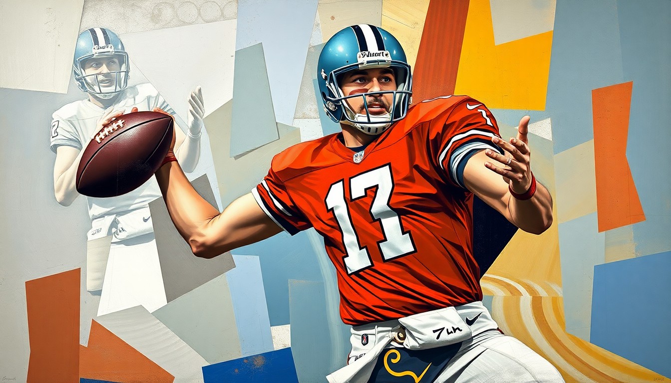A fragmented, geometric painting depicting a football quarterback's throwing motion, with sharp, overlapping planes of color and form representing the multifaceted nature of the Raiders' pivotal draft decision.