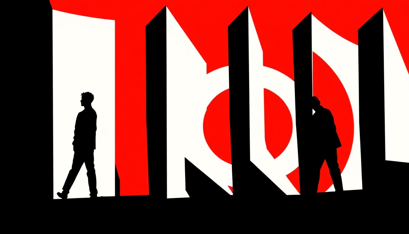An abstract, minimalist composition of stark, jagged geometric shapes and heavy black silhouettes in high-contrast red and white, conceptually representing the psychological thriller and speculative fiction themes of the novel 'Electric Orange'.