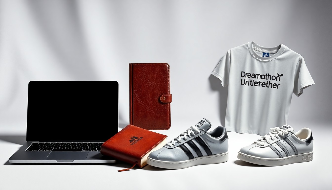 A high-end, photorealistic studio still-life photograph featuring a collection of premium, polished objects symbolizing an entrepreneurial journey, including a sleek laptop, a leather-bound journal, a pair of Adidas sneakers, and a Dreamathon branded t-shirt, arranged elegantly on a clean, monochromatic background.