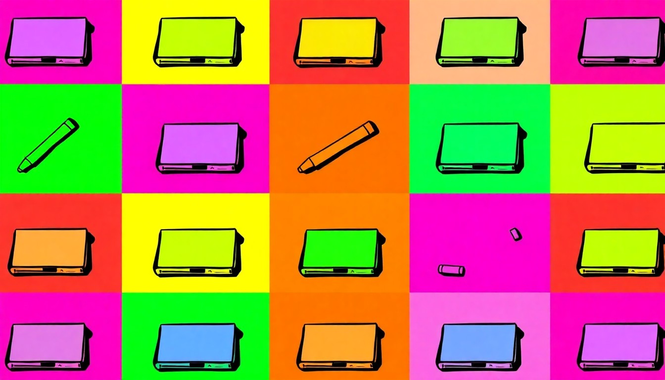 A brightly colored, high-contrast silkscreen print of a whiteboard marker repeated in a tight grid pattern, conceptually representing the tools and techniques of effective teaching.