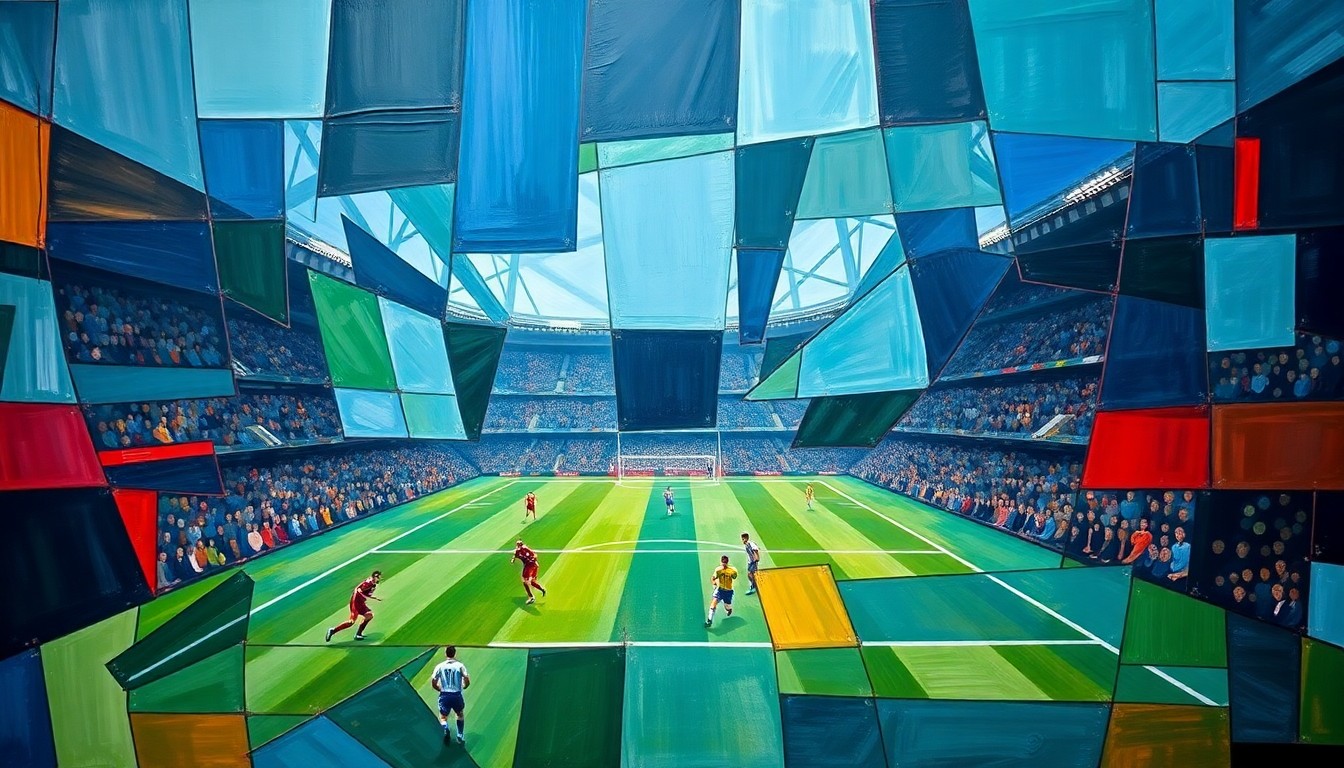 A cubist, geometric painting depicting a fragmented soccer match or tournament scene, with sharp, overlapping planes of deep blue, green, and red colors, conveying the chaotic and disruptive impact of immigration enforcement on the global sporting event.