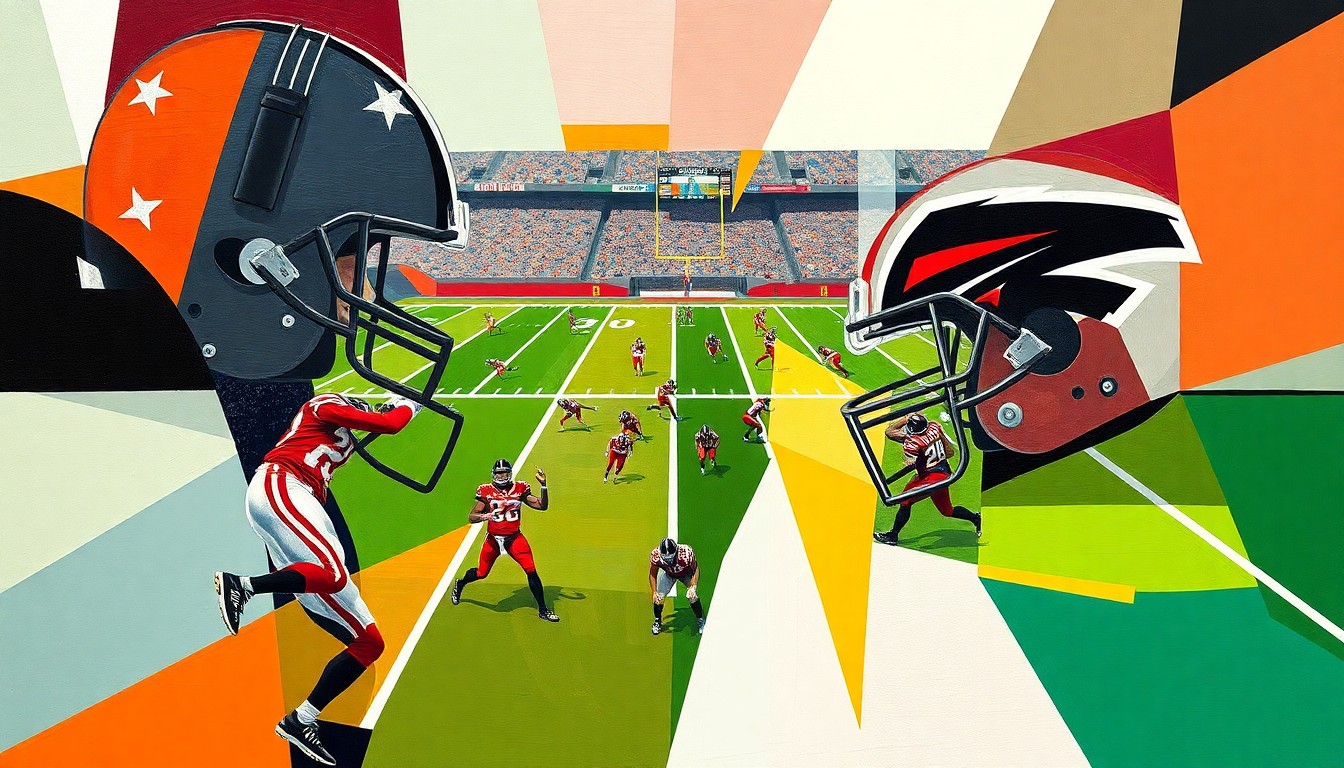 A fragmented, cubist-style painting depicting a football field and players in the official colors of the Cleveland Browns and Atlanta Falcons, conceptually representing the new defensive coordinator's schematic approach.