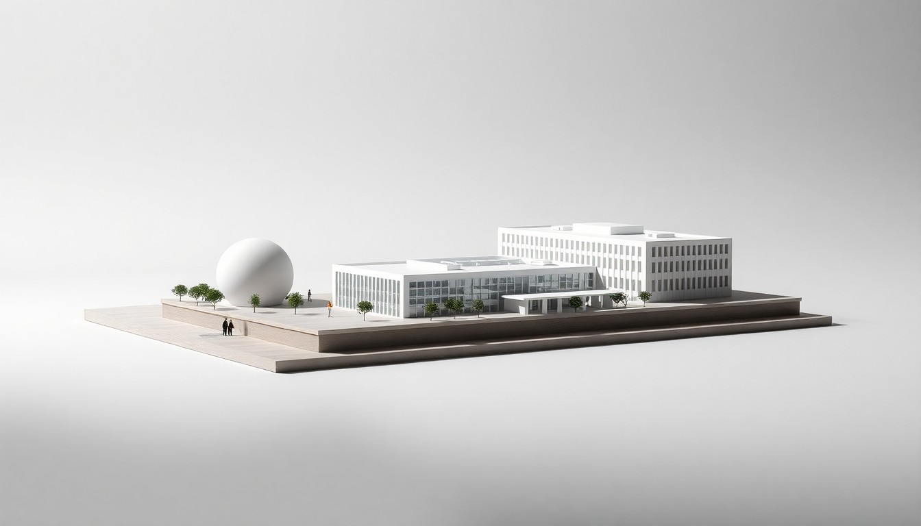 A photorealistic studio still life featuring a scale model of a modern, geometric building with clean lines and polished materials, representing the strategic vision and sustainable design of a new landmark development in Pharr, Texas.