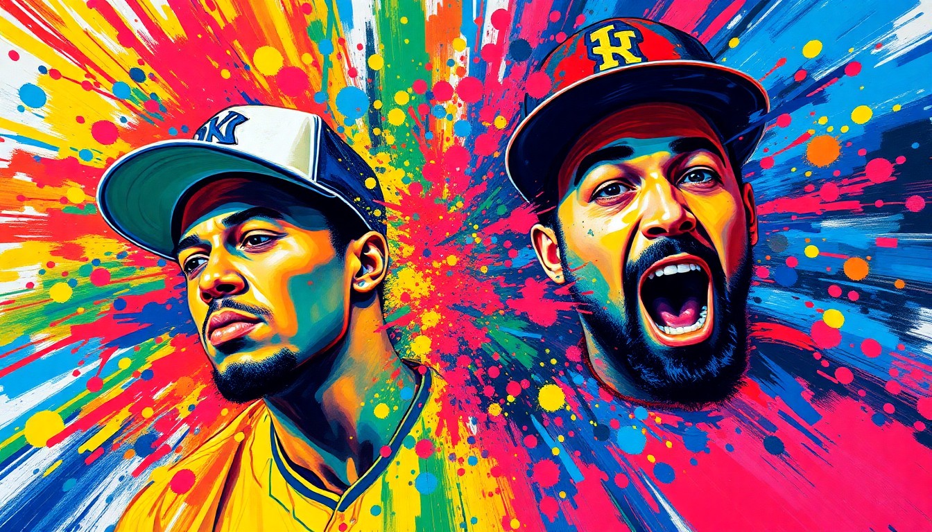 An abstract expressionist painting in neon colors, with energetic brushstrokes capturing the excitement of a sports card show event.