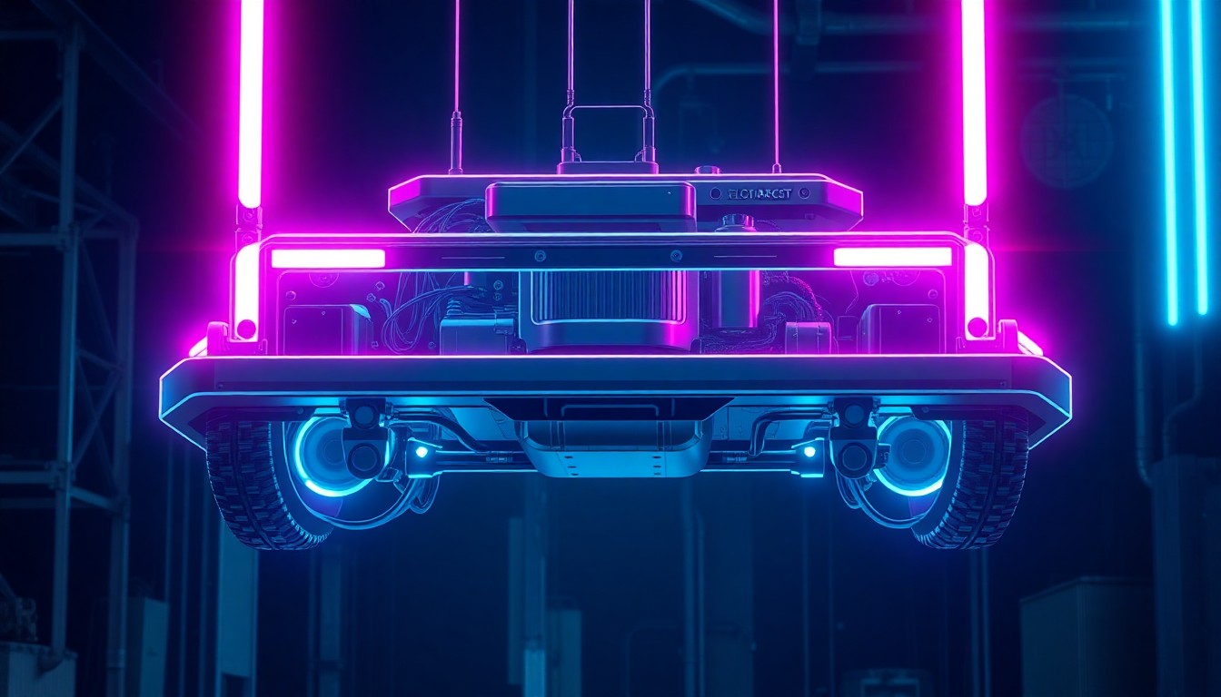 A highly detailed, glowing 3D illustration of the internal components and power systems of an autonomous mobile robot, with neon cyan and magenta lights illuminating the futuristic design against a dark, industrial backdrop.