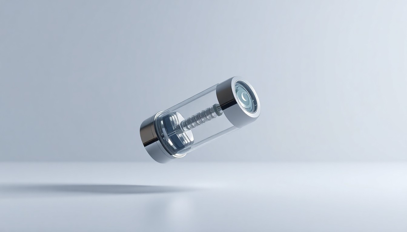 A high-end, photorealistic studio still-life photograph featuring a sleek, modern medical device or pharmaceutical product made from polished metal and glass, floating on a clean, monochromatic seamless background and illuminated with sharp, dramatic studio lighting to represent the advanced technology and innovation of HCTI's healthcare solutions.