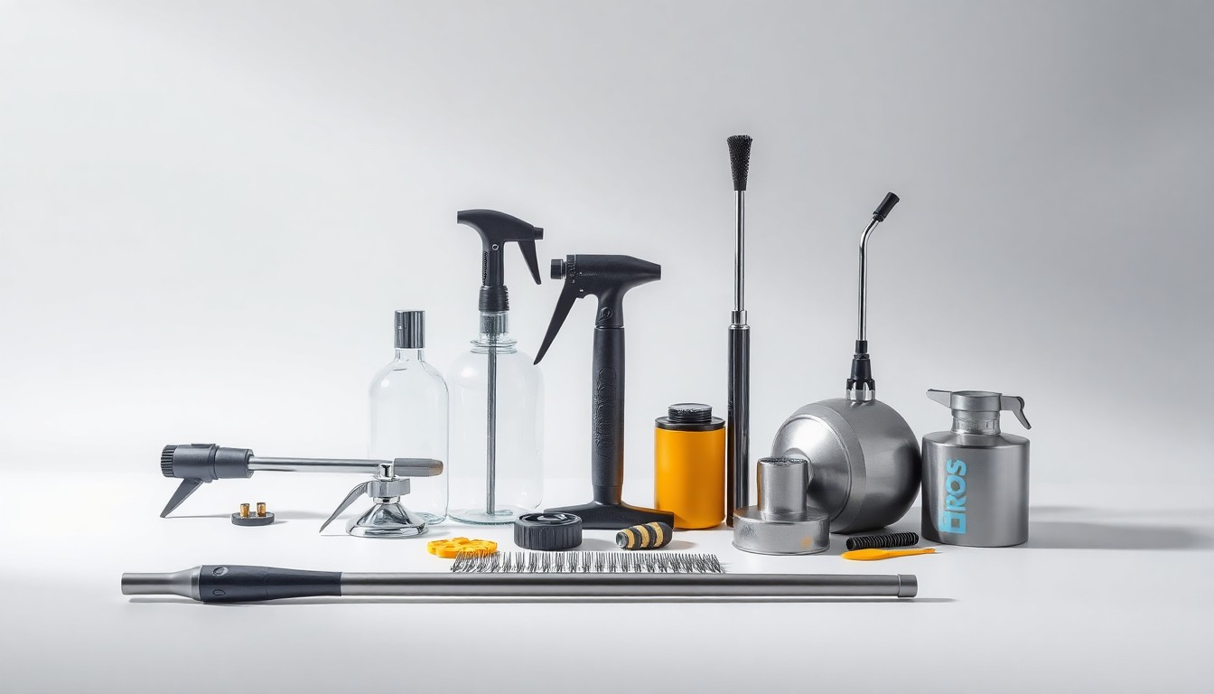 A minimalist studio still life featuring a collection of polished, geometric objects representing the tools and materials used in professional pressure washing services, arranged elegantly on a clean, monochromatic background to convey the precision and expertise of Wash Broz's work.