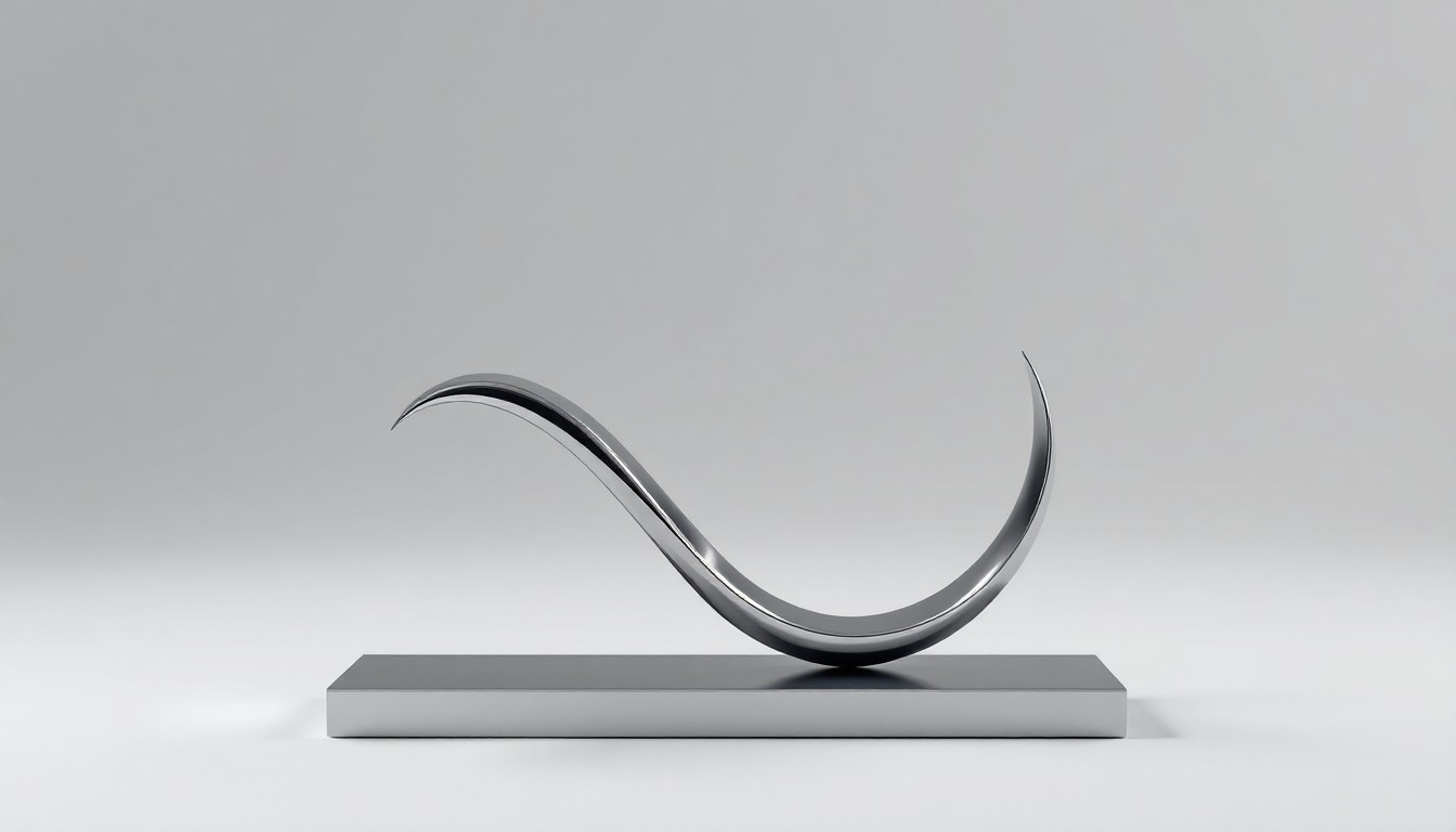 A highly polished, geometric metal sculpture in the shape of a stylized infinity symbol, placed on a clean, monochromatic background and illuminated with dramatic studio lighting, representing the timeless elegance and strategic focus of Horizon Kinetics Holding Corporation.