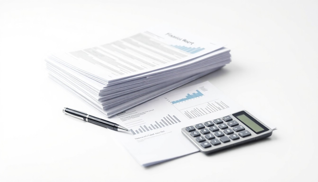A photorealistic studio shot of a stack of financial reports, a pen, and a calculator arranged on a clean white background, conveying the precision and care involved in corporate auditing and compliance.