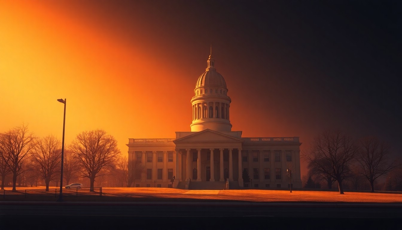 A serene, cinematic painting of the North Dakota state capitol building, its grand architecture and dome bathed in warm, golden sunlight and deep shadows, conveying a sense of quiet contemplation over the state's budgetary concerns.