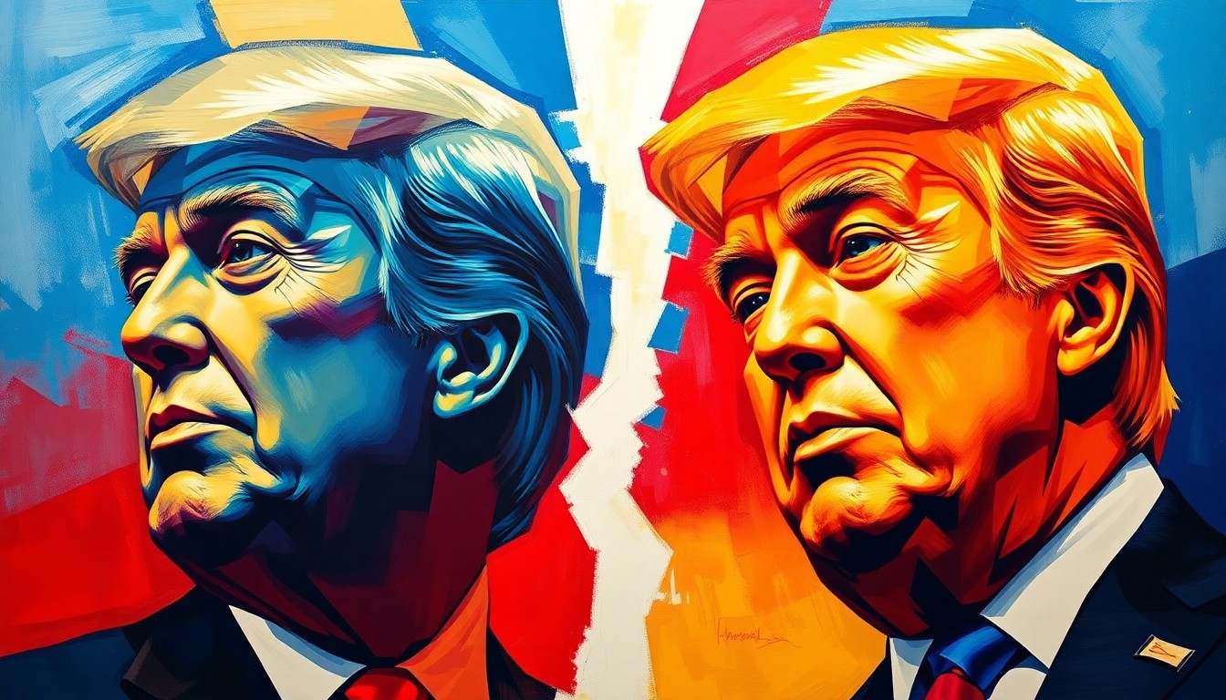 A dynamic, abstract painting featuring overlapping geometric shapes and brushstrokes in deep blue, vibrant red, and golden yellow, conveying the heated rhetoric and divisive nature of a political debate.