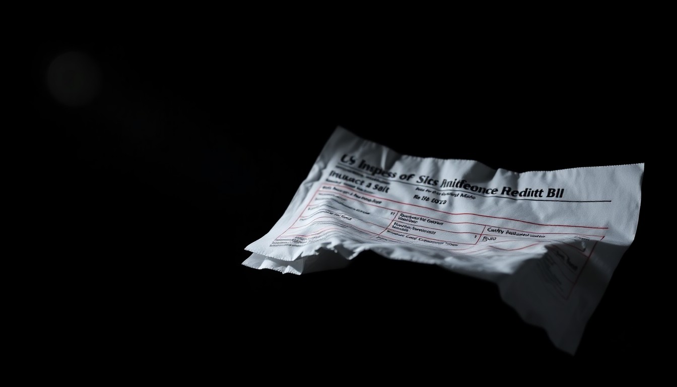 An extreme close-up of a crumpled medical bill or insurance claim form, the harsh lighting and stark black background creating a gritty, investigative mood that conceptually represents the impact of insurance fraud.