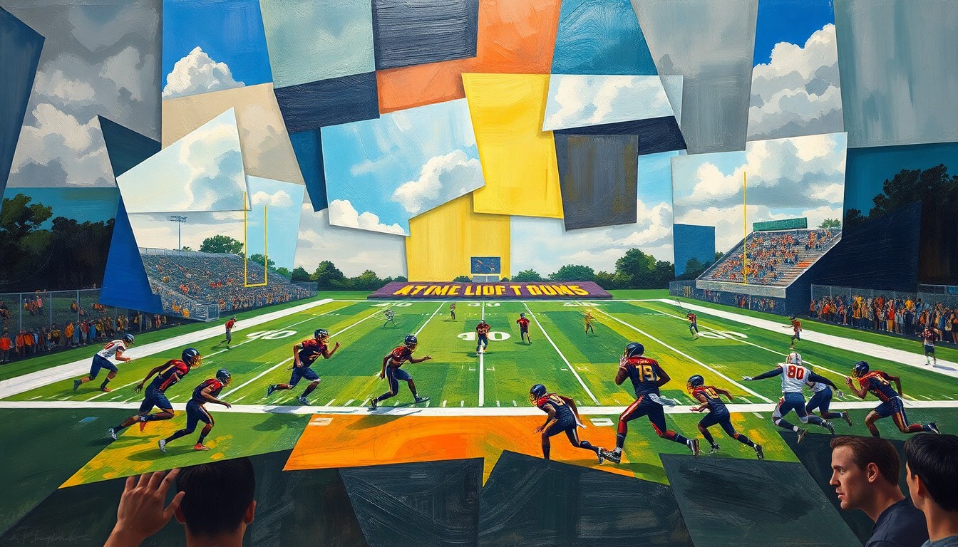 A cubist-style painting depicting a high school football game broken down into overlapping geometric shapes and planes, capturing the dynamic motion and energy of the sport.