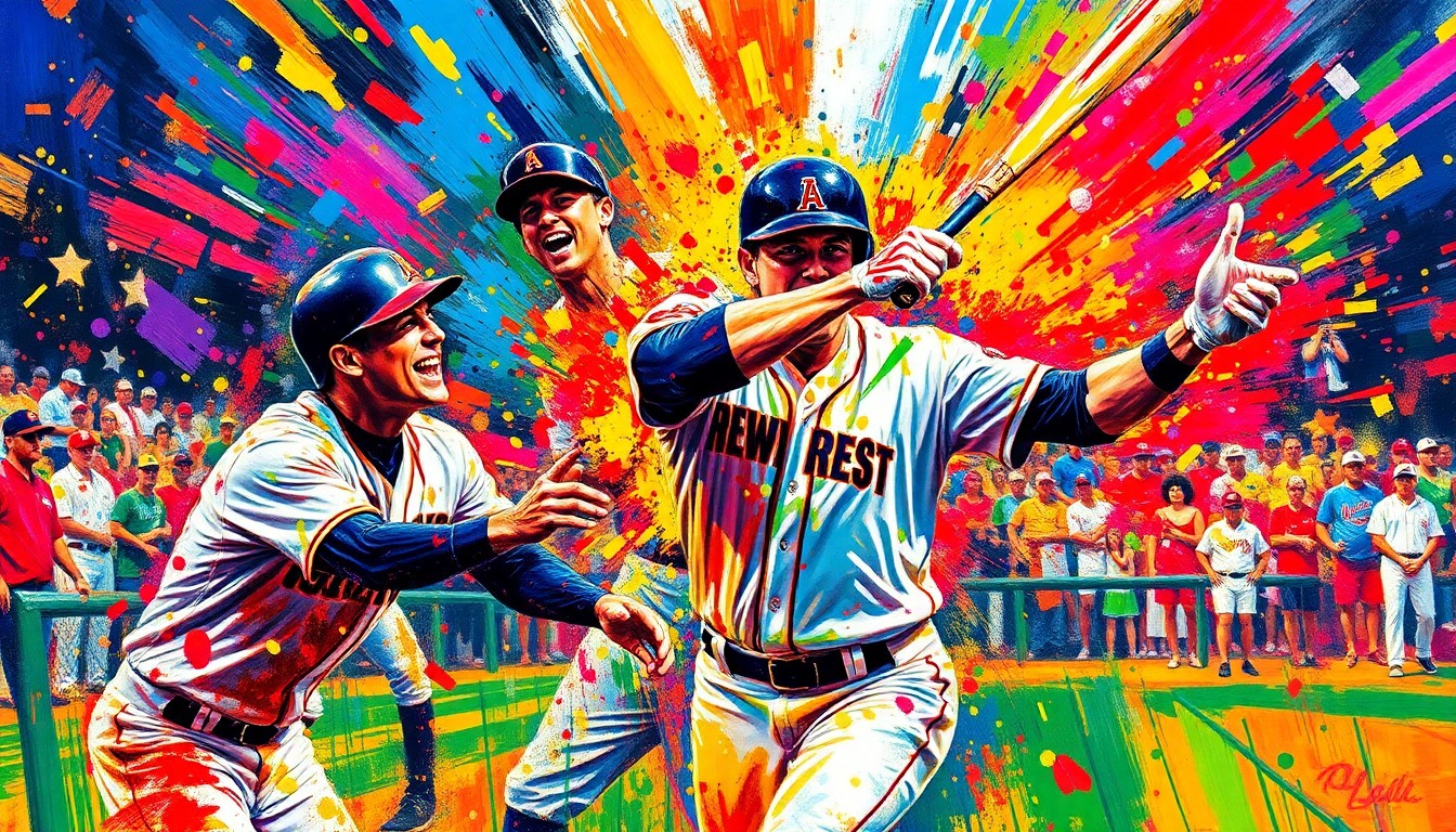 An abstract, energetic painting in neon colors depicting the chaotic, celebratory moment of a baseball walk-off win, with players' forms dissolving into expressive brushstrokes.