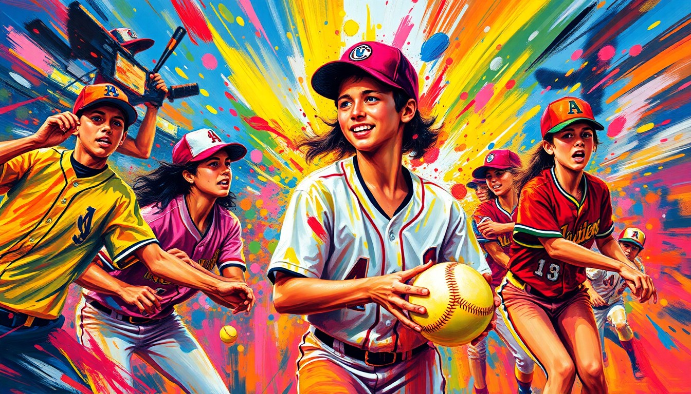 An abstract, energetic painting in neon colors depicting the motion and action of a high school softball game, with players' forms dissolving into expressive brushstrokes.