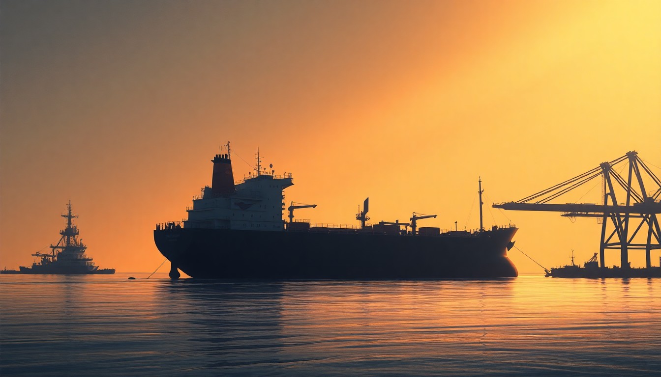 A serene, cinematic oil painting of an empty tanker ship docked at a deserted port, with warm sunlight casting deep shadows, conveying the economic disruption caused by the closure of a vital global shipping chokepoint.