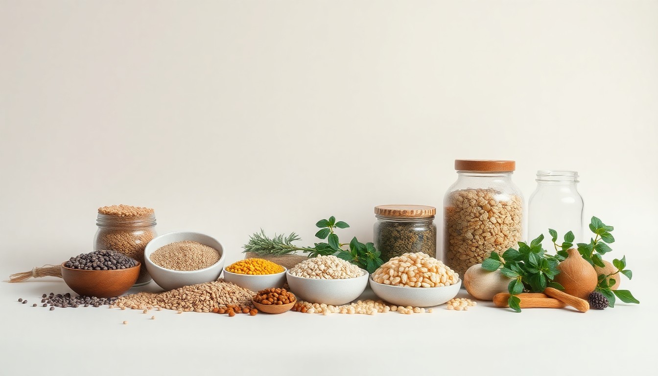 A high-end, photorealistic studio still-life photograph featuring a carefully arranged composition of premium natural products ingredients such as whole grains, legumes, herbs, and glass jars, all set against a clean, monochromatic seamless background with sharp, dramatic lighting and deep shadows to represent the abstract concepts of innovation, sustainability, and conscious consumerism within the natural products industry.