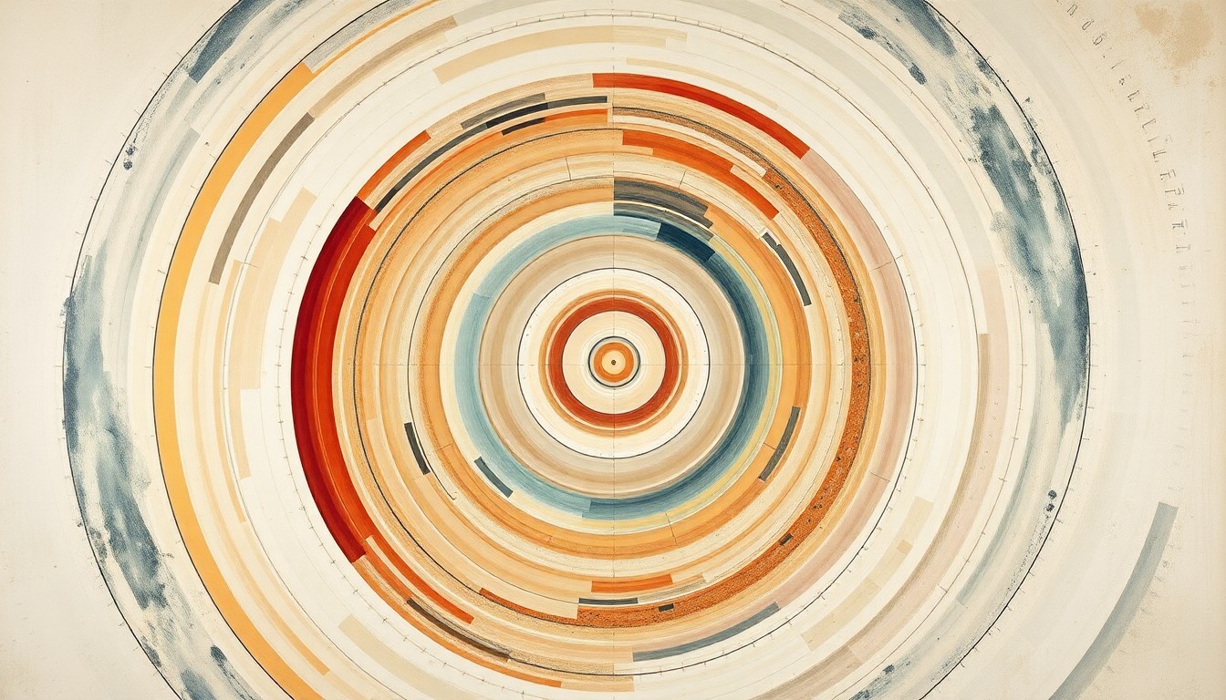 An abstract, geometric painting in soft, muted colors depicting sweeping arcs, concentric circles, and intersecting waveforms, representing the complex scientific forces and concepts behind unexplained aerial sightings.