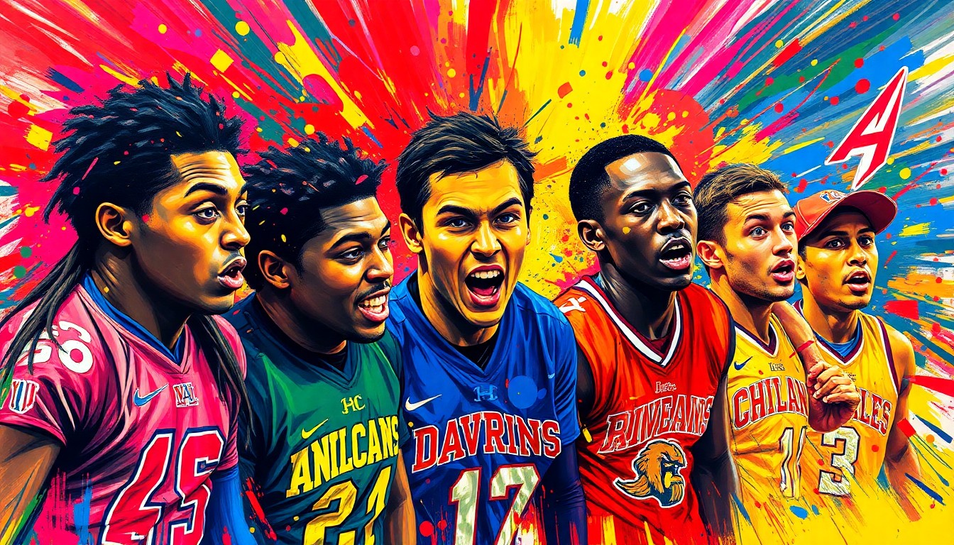An abstract, energetic painting using bold, neon-colored brushstrokes to depict the excitement and emotion of high school athletes signing their national letters of intent to play sports in college.