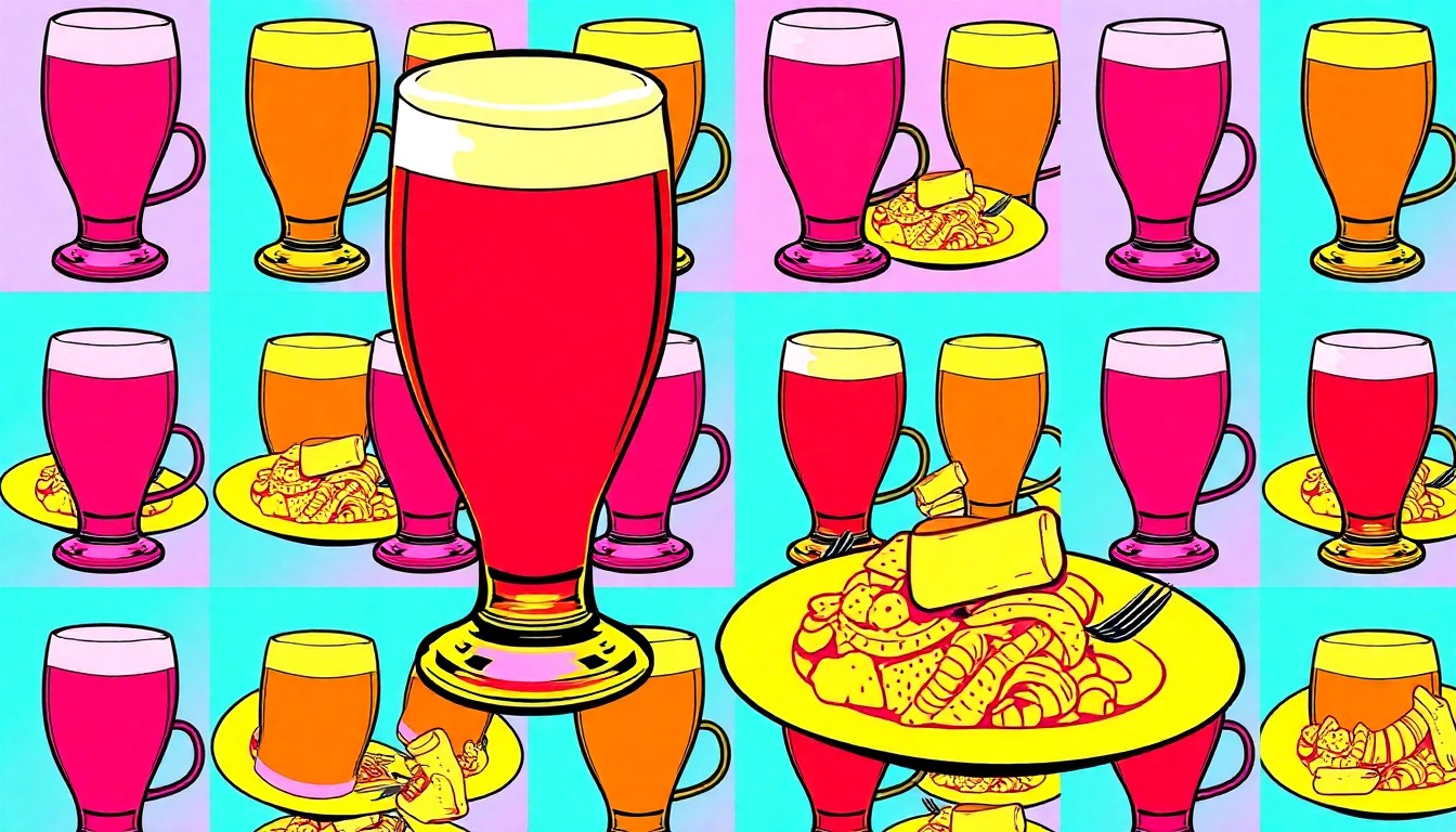 A bold, colorful grid of silkscreen-style illustrations depicting a beer glass and a plate of food, conceptually representing the creative possibilities of beer and cuisine pairings.