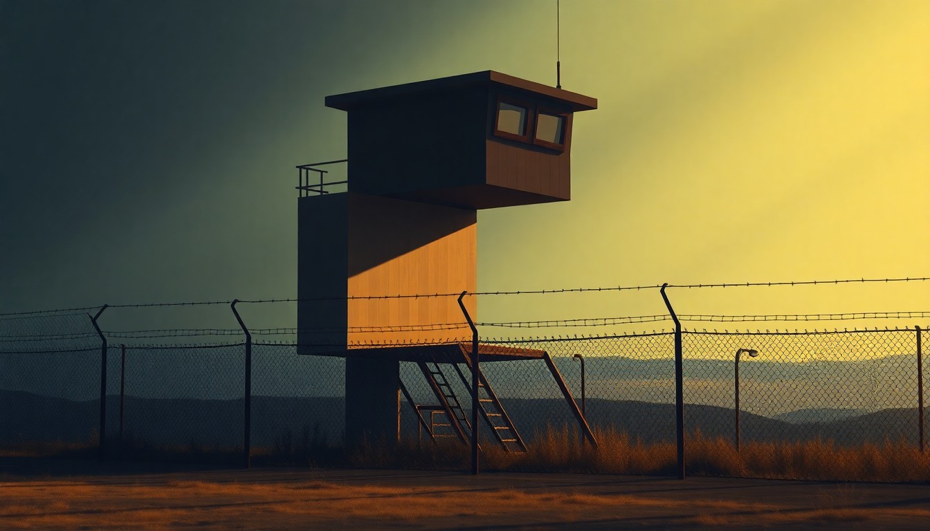A serene, cinematic painting of an empty guard tower from the former FCI Dublin women's prison, with the structure bathed in warm, diagonal sunlight and deep shadows, conceptually representing the troubled history and uncertain future of the facility.