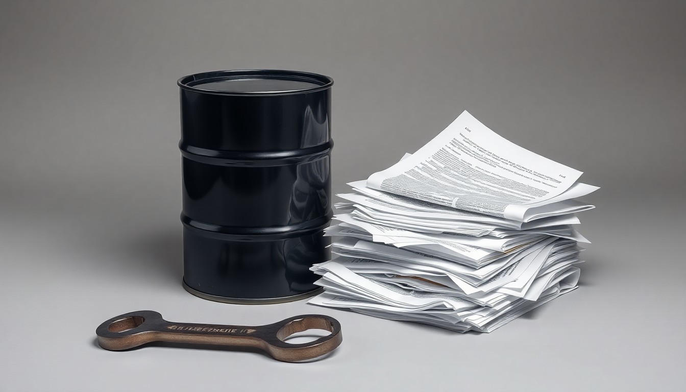 A photorealistic studio still-life featuring a polished metal oil drum, a worn wrench, and a pile of crumpled legal documents, conceptually representing the abstract corporate strategy, financial risks, and legal battles surrounding an alleged oil well fraud case.