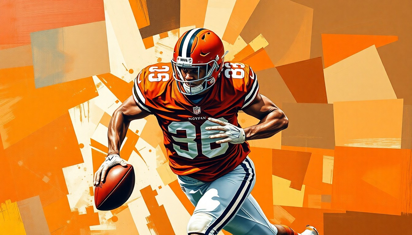 A cubist, geometric painting depicting a football player in mid-motion, with sharp, overlapping planes of orange and brown representing the Cleveland Browns' team colors.