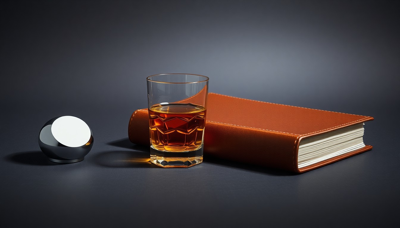 A minimalist studio still life photograph featuring a polished metal paperweight, a glass of amber whiskey, and a leather-bound ledger book arranged elegantly on a clean, charcoal gray background, symbolizing the abstract concepts of corporate strategy, finance, and legacy.