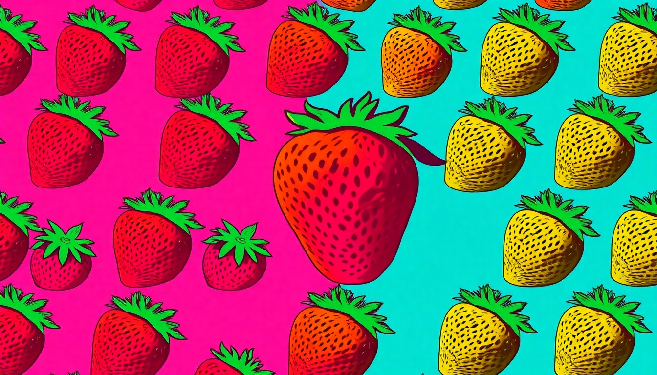 A bold, colorful silkscreen print featuring a repeating pattern of bright red strawberries against a neon pink and yellow background, conceptually representing the energy and flavor of the NC Strawberry Festival.