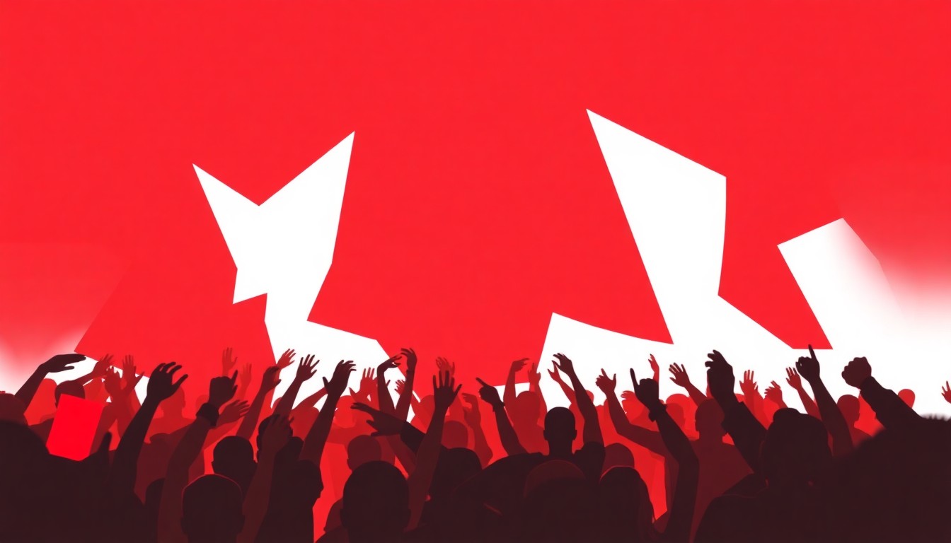 A bold, abstract composition of jagged, overlapping geometric shapes in high-contrast red and white, capturing the dynamic energy and excitement of a major hip-hop music festival.