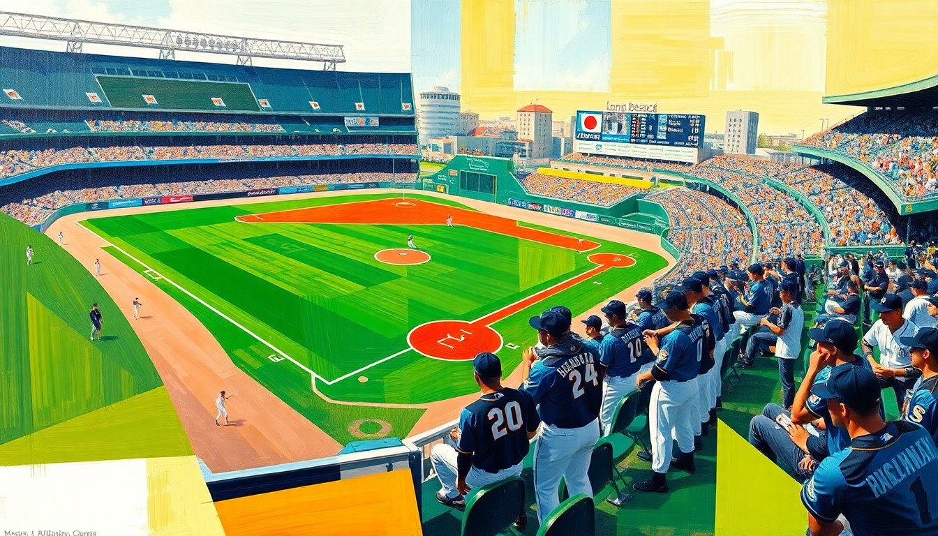 A cubist, geometric painting depicting a Long Beach Coast baseball game, with the players, field, and stadium rendered in sharp, overlapping planes of vibrant blues, blacks, and greens.