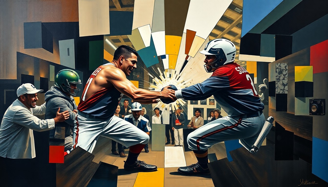 A fragmented, geometric painting depicting the physical altercation between two baseball players, with their bodies and the field of play broken down into sharp, overlapping shapes and planes of color.