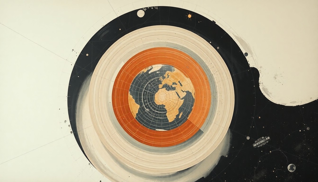 A bold, abstract painting in soft blues, greens, and grays depicting a complex network of geometric shapes, spirals, and waveforms, representing the advanced communication systems and telemetry that allow the Artemis II crew to share emotional moments from the Moon with Earth in real-time.