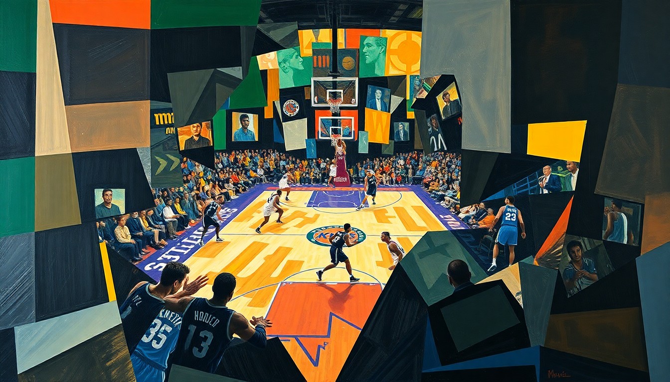 A cubist-style painting depicting the action and energy of a basketball game between the Boston Celtics and New York Knicks, with the players' movements and the intensity of the game captured through sharp, overlapping geometric shapes and planes.