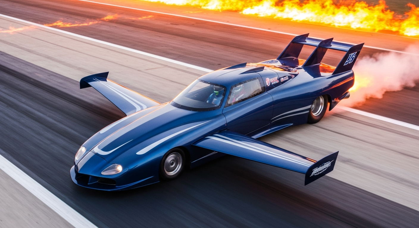 A blurred image of a high-speed jet car in motion, with streaks of bright colors representing the raw power and danger of Lazar's drag racing past.