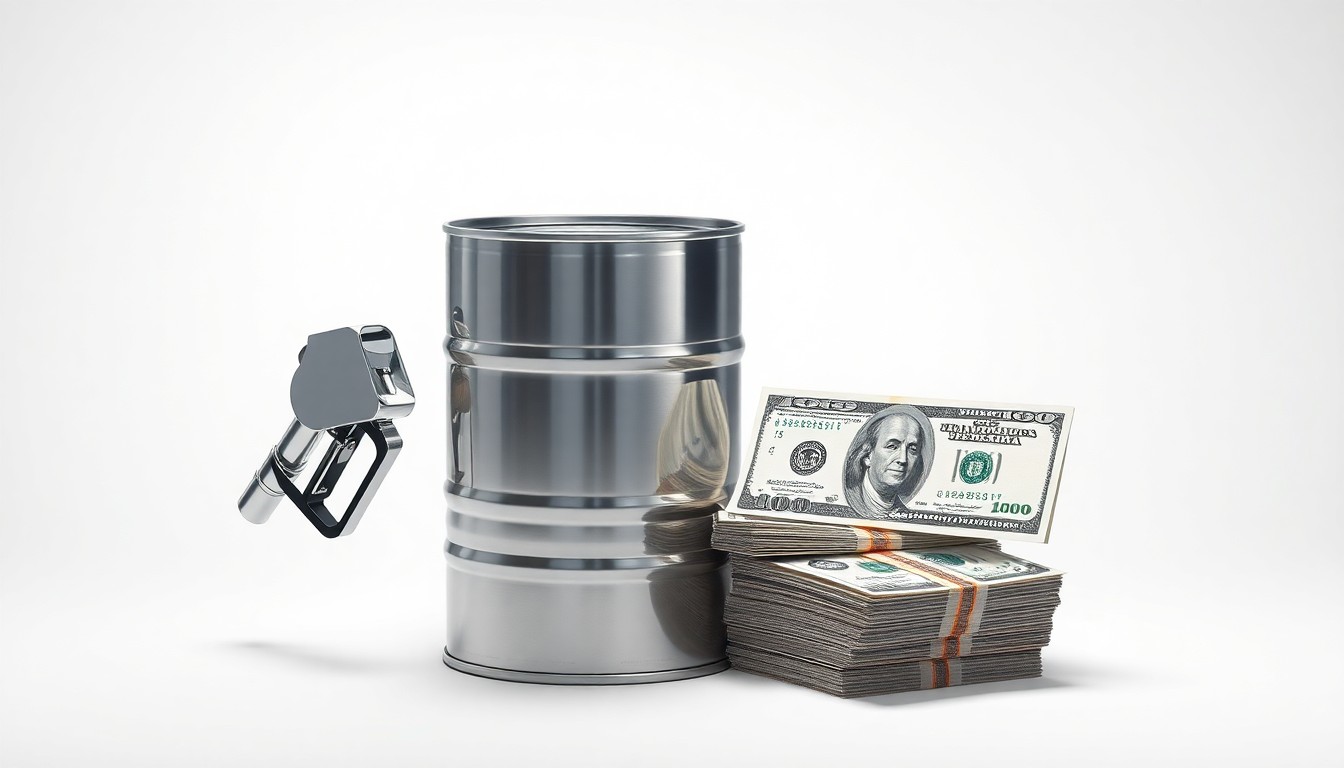 A photorealistic studio still life featuring a polished metal oil barrel, a chrome fuel nozzle, and a stack of crisp dollar bills, conceptually representing the abstract financial and logistical impacts of changing global energy dynamics.