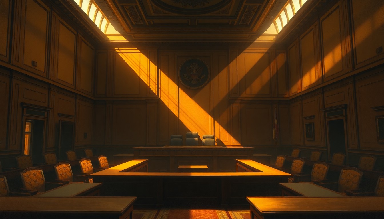 A dimly lit, cinematic painting of an empty city council chamber, with warm sunlight streaming in through the windows and casting long shadows across the room, creating a sense of political tension and unresolved debate.