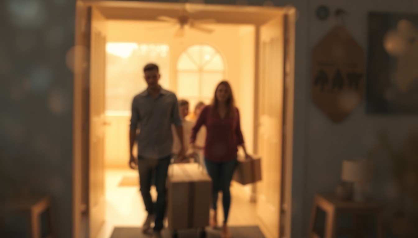 An abstract, out-of-focus scene of a family moving into their new home, with soft pools of warm light and color, conceptually representing the emotional experience of affordable homeownership.
