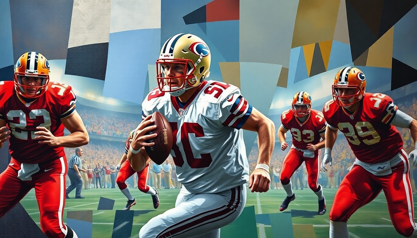 A cubist-style painting depicting a football player in their 60s, their body fragmented into sharp, overlapping geometric shapes, competing on the field alongside younger teammates, capturing the contrast and energy of this inspiring story.