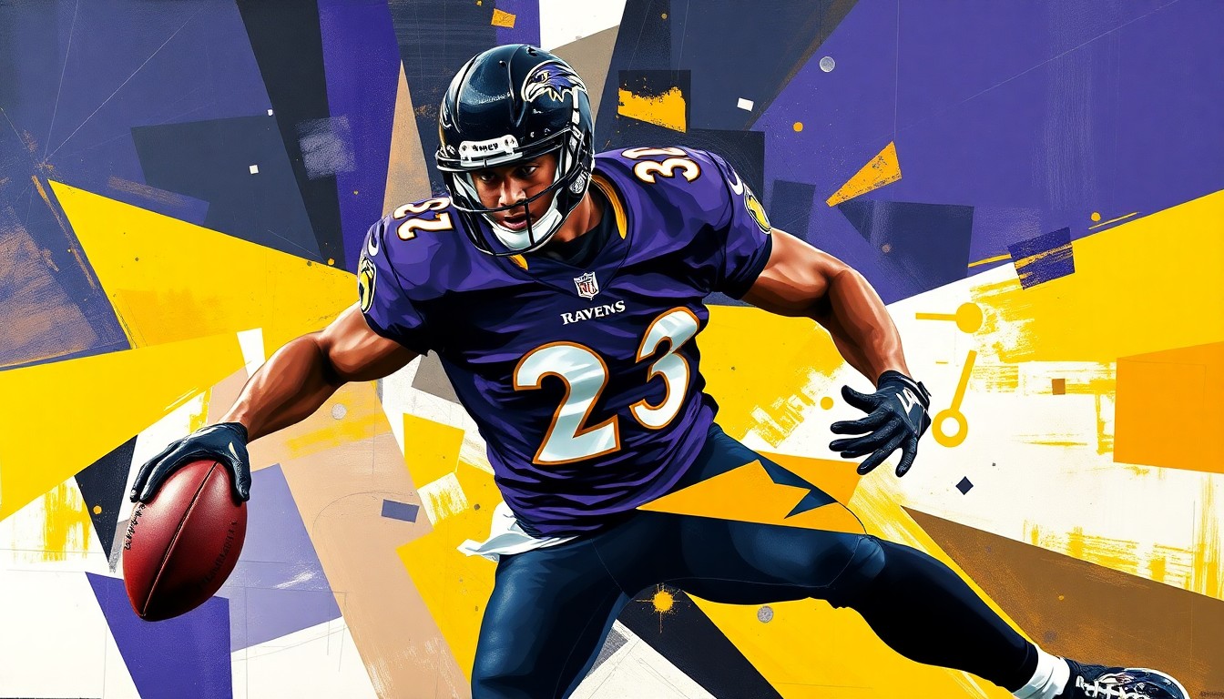 A fractured, multi-perspective painting depicting a football player in motion, broken down into sharp, overlapping geometric planes in the Ravens' team colors of purple, black, and gold, conceptually representing the energy and dynamism of the team's star quarterback.